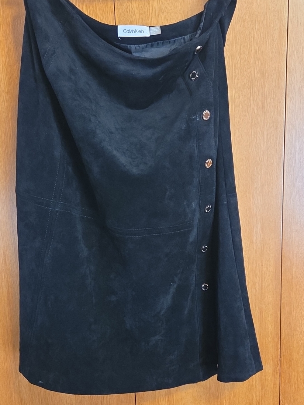 Calvin Klein Black Suede A-Line Skirt with Side Buttons